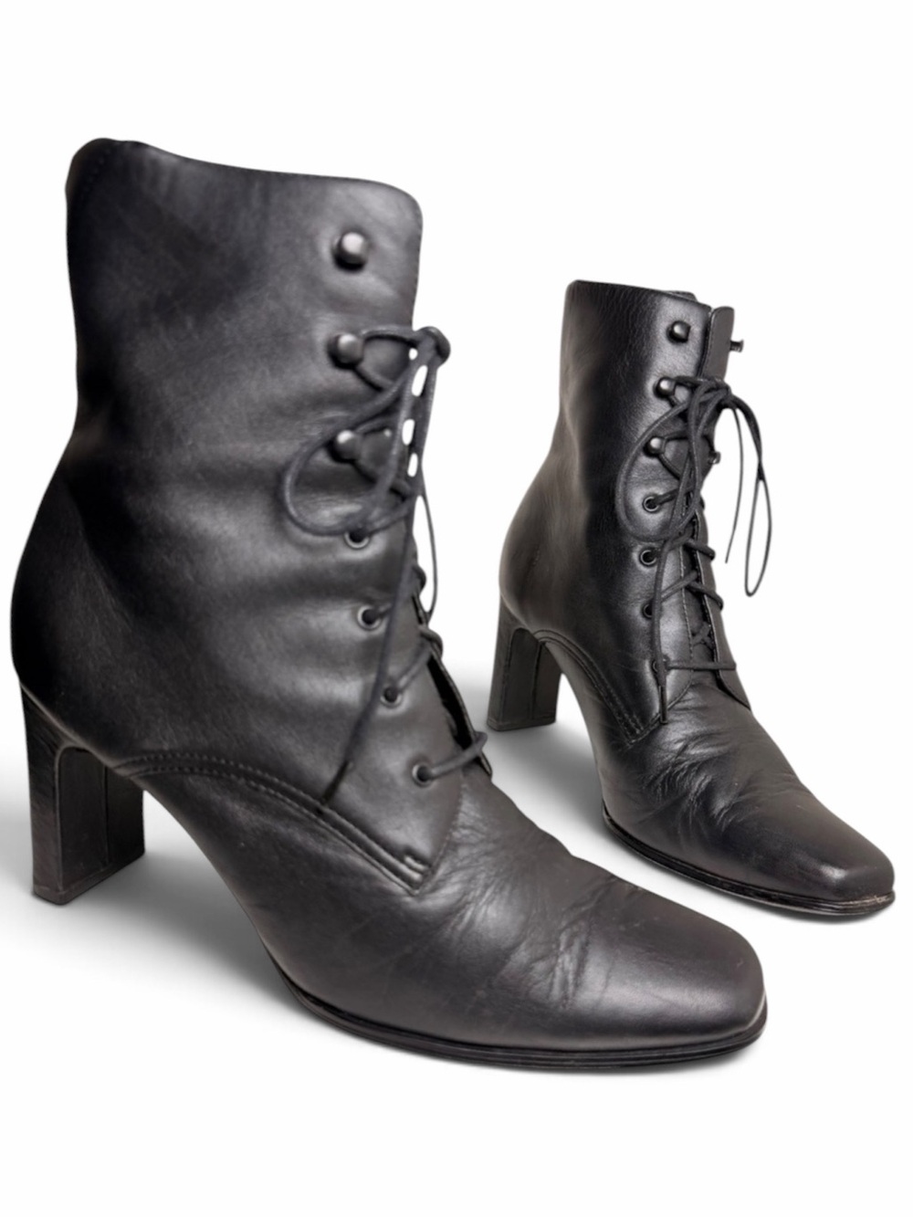 St. John’s Bay 90s Black Leather Lace Up Block Heel Ankle Boots 7.5 M
